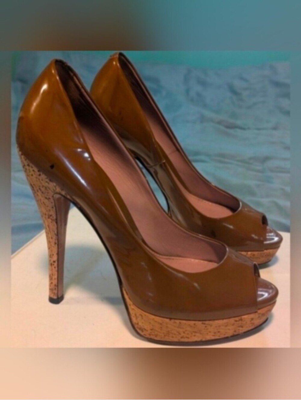 Authentic Gucci Brown Patent Peep-Toe Cork Platform Heels